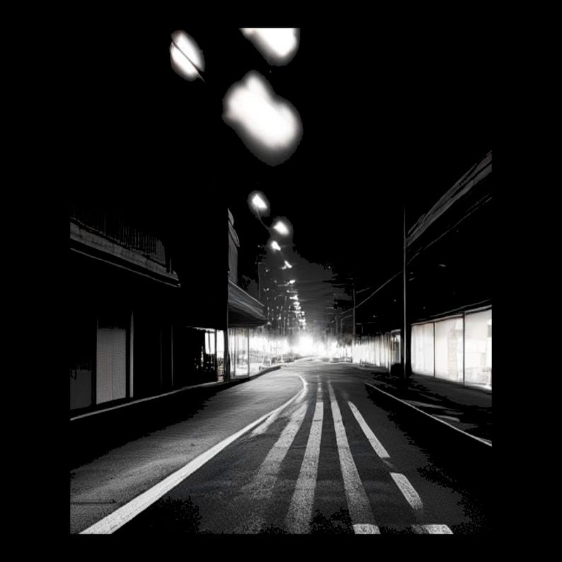 Pode incluir: Uma fotografia a preto e branco de alto contraste de uma rua deserta &agrave; noite. A cena apresenta uma longa estrada com marca&ccedil;&otilde;es de faixa, ladeada por edif&iacute;cios escuros com montras iluminadas e candeeiros de rua suspensos.