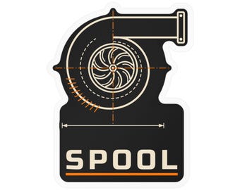 May include: A die-cut sticker featuring a black and cream graphic of a turbocharger with orange technical lines and crosshairs. The word SPOOL is printed in bold cream capital letters at the bottom, underlined by an orange horizontal line.
