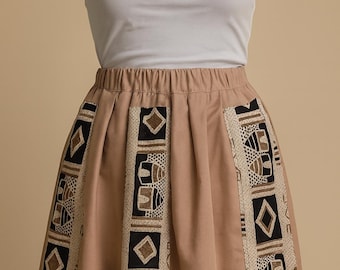 Beige High-Waisted Skirt with African Mud Cloth Panels – Handmade, Ethnic Print, Boho Style
