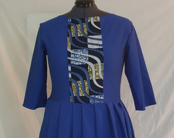 Blue and African Print Pleated Dress