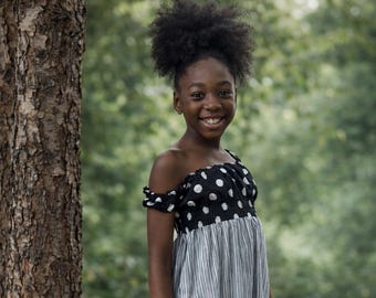 One Shoulder Polka Dot and Stripes Dress