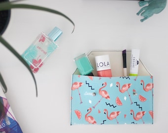 Flamingo bag -Cosmetic Bag vegan leather - Makeup Bag pink flamingo - Coin purse flamingo - Clutch flamingos - Makeup Organizer summer.