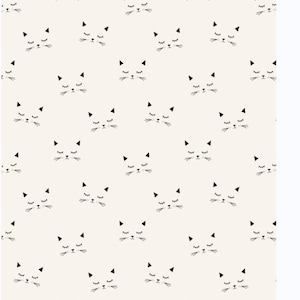 May include: A repeating pattern of stylized cat faces. Each face is black and white, featuring closed eyes, triangular ears, and whiskers. The background is a light beige color, creating a simple and playful design.