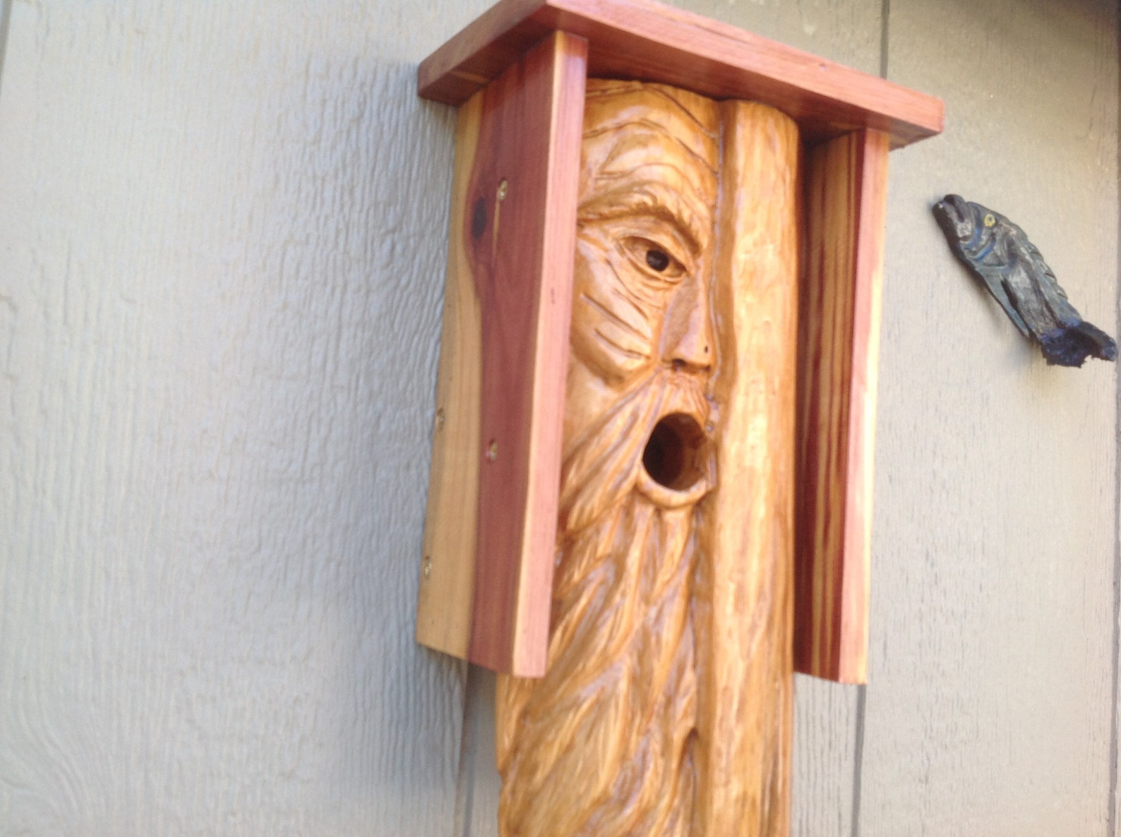 Carved cedar tree spirit birdhouse wood spirit Etsy