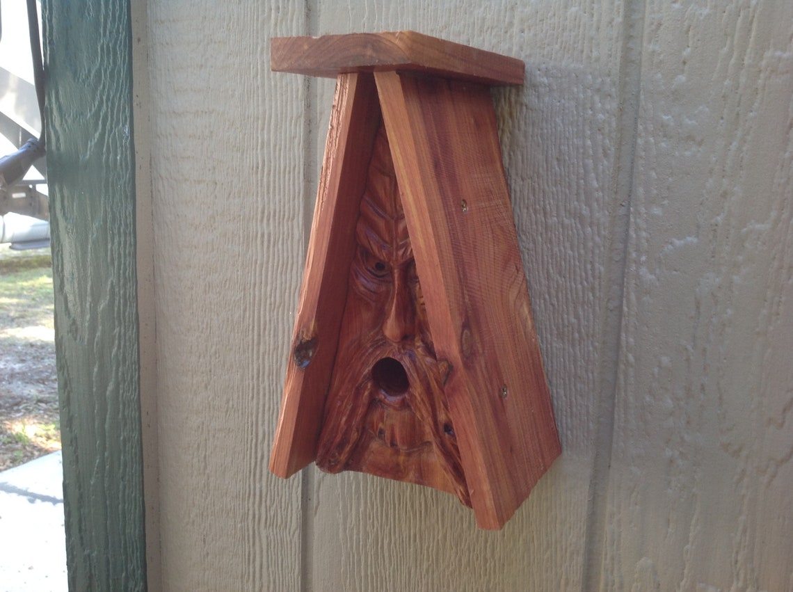 Carved wood spirit bird house in cedar | Etsy