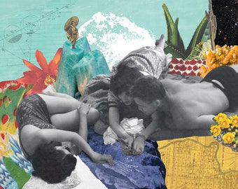 Leva + Fata, affiche de collage colorée, les amoureux du désert