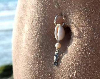 Seashell Belly Ring: Sterling Silver Navel Piercing, Beach Jewelry