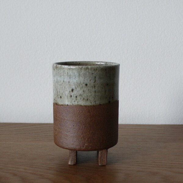 Footed Brown Cup with Grey Speckled Glaze