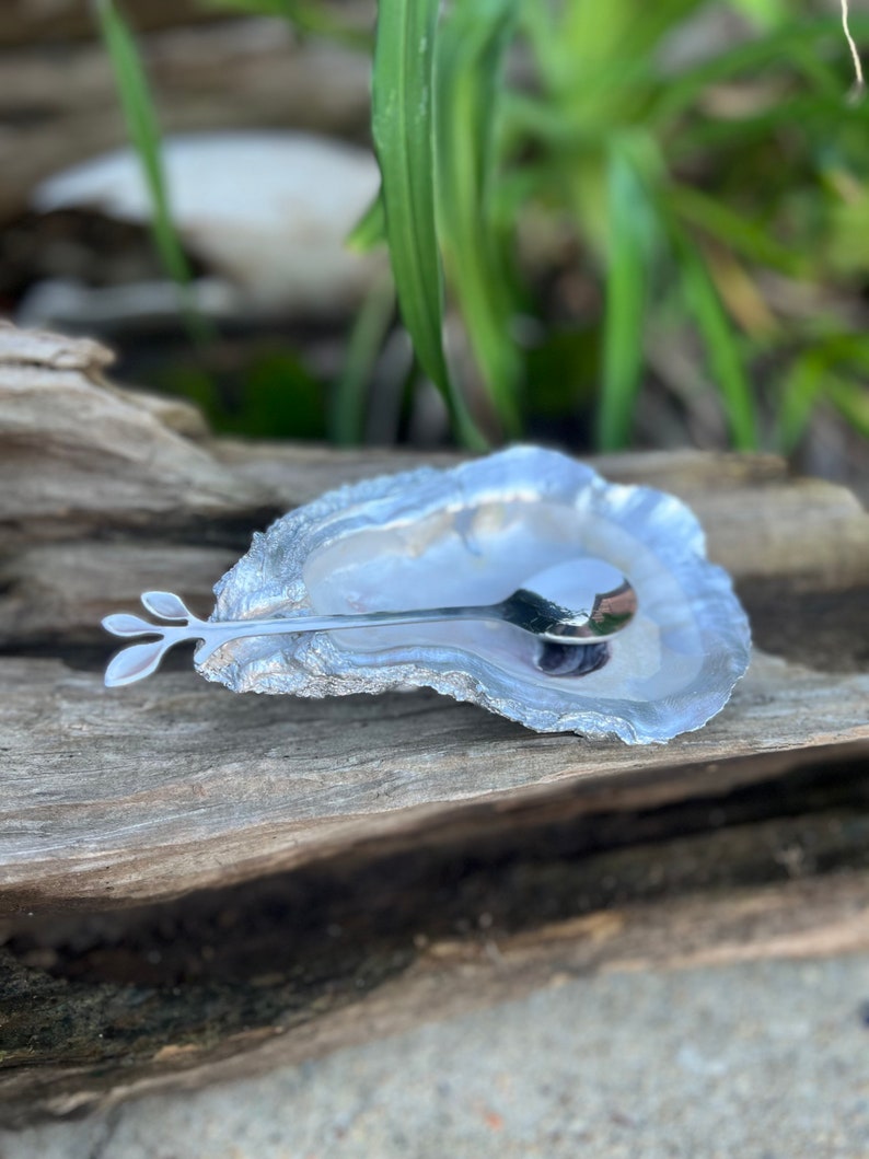 May include: A silver oyster shell dish with a matching spoon. The dish is textured and has a natural, organic shape. The spoon has a leaf-shaped handle.