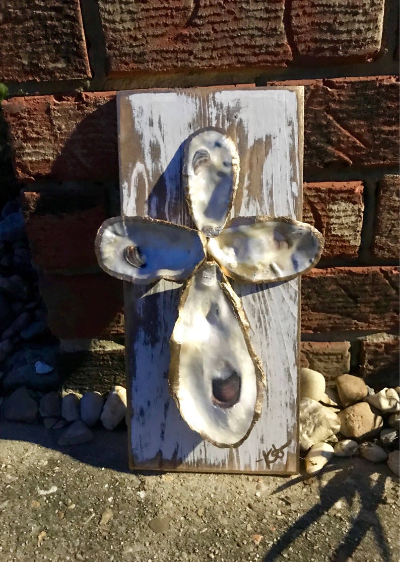Oyster Shell Cross Art on Wood Etsy