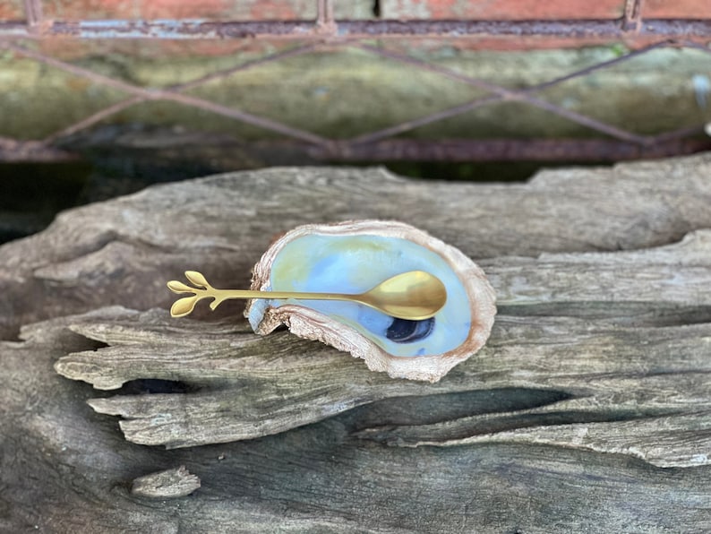 May include: A gold-colored spoon with a leaf-shaped handle rests inside a white and blue seashell dish. The dish is sitting on a piece of weathered driftwood.