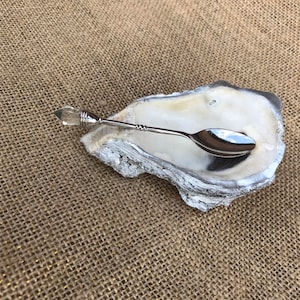 May include: A silver spoon with a crystal handle rests inside a white oyster shell. The shell is on a brown burlap surface.