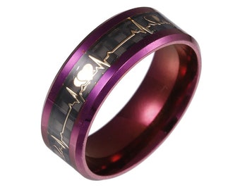 EMT Heartbeat Stainless Steel Carbon Fiber Wave Purple Ring