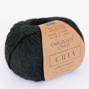 以下が含まれることがあります： ダークグリーンの糸のボール。茶色のラベルには「Originally Lovely CriA Worsted Weight 50 g / 100 m / 109 yd 100% Baby Alpaca」と書いてあります。