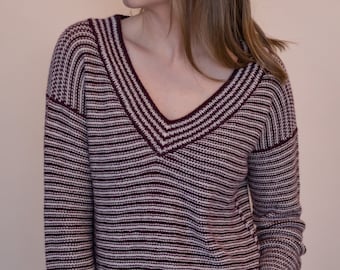 Seasons Sweater Knitting Pattern - Top-Down Reverse Stockinette Stitch Striped Sweater - PDF instant digital download