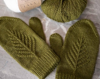 May include: A pair of green knitted mittens with a leaf pattern. The yarn is labeled "Originally Lovely Lana" and is made in Japan.