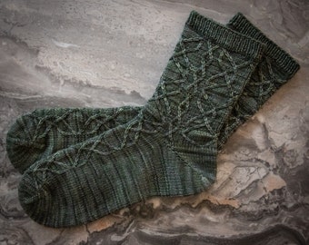 May include: A pair of green knitted socks with a diamond pattern. The socks are made of a soft, comfortable yarn and are perfect for keeping your feet warm in the winter.