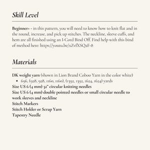 May include: A cream-colored page with the title "PERFECT KNIT T-SHIRT" at the top. The page details the skill level as Beginner+ and lists materials needed, including yarn, needles, stitch markers, and a tapestry needle. The text is in black.