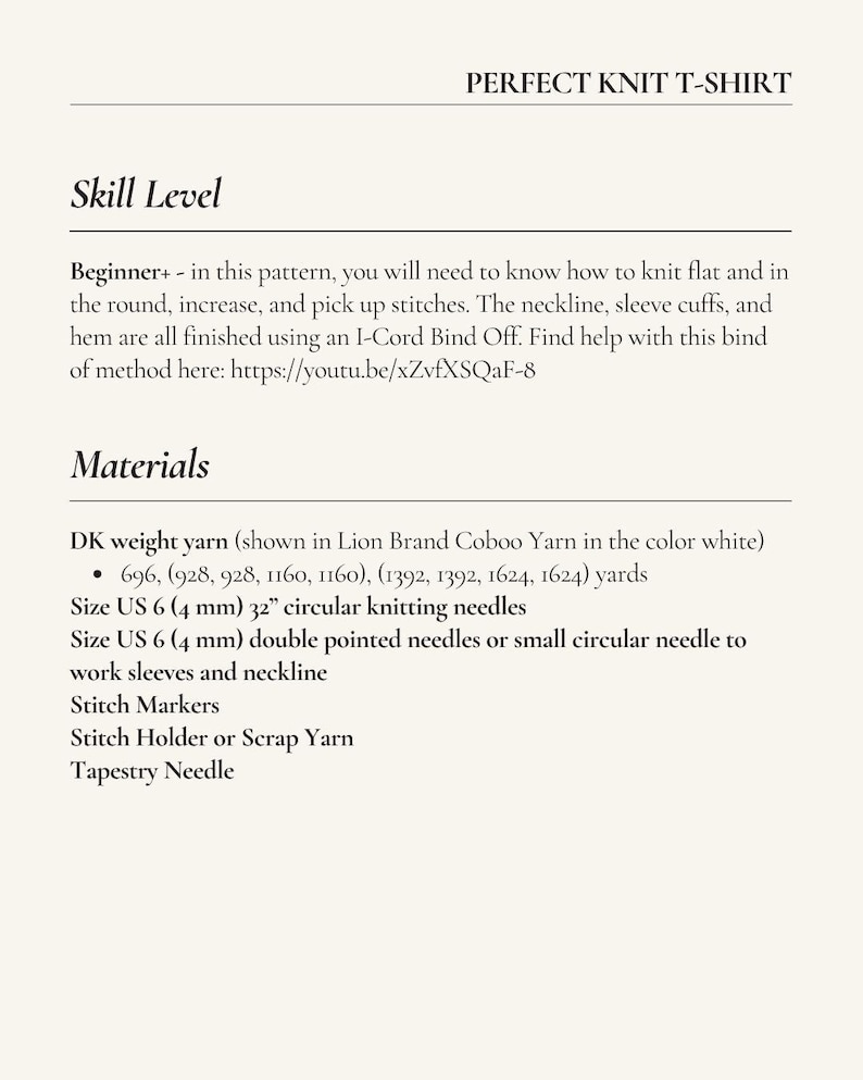 May include: A cream-colored page with the title "PERFECT KNIT T-SHIRT" at the top. The page details the skill level as Beginner+ and lists materials needed, including yarn, needles, stitch markers, and a tapestry needle. The text is in black.