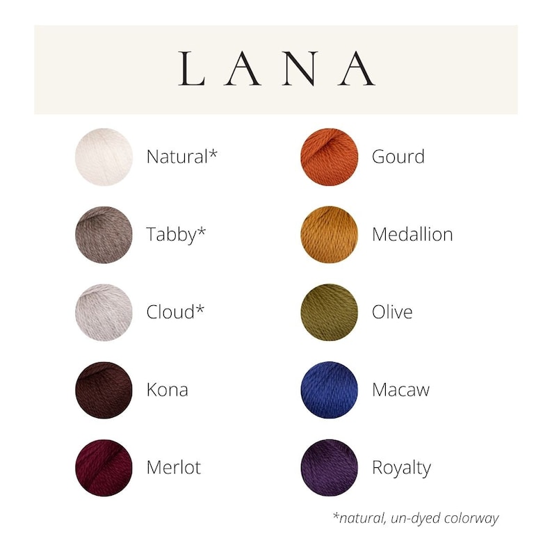 May include: A color chart showing 10 different yarn colors, including natural, tabby, cloud, kona, merlot, gourd, medallion, olive, macaw, and royalty. The text "LANA" is at the top of the chart. The text "*natural, un-dyed colorway" is at the bottom of the chart.
