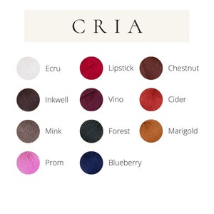 May include: Yarn balls in various colors, including ecru, lipstick, chestnut, inkwell, vino, cider, mink, forest, marigold, prom, and blueberry. The yarn balls are arranged in three rows of four. The word "CRIA" is written in white text at the top of the image.