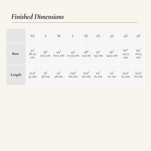 May include: A chart displaying the finished dimensions of a "PERFECT KNIT T-SHIRT". The bust measurements range from 32 inches to 64 inches, and the length measurements range from 22.5 inches to 24.5 inches. Sizes include XS to 5X.
