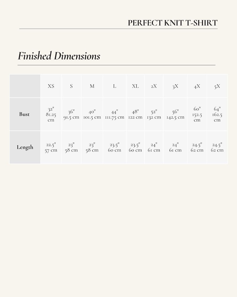 May include: A chart displaying the finished dimensions of a "PERFECT KNIT T-SHIRT". The bust measurements range from 32 inches to 64 inches, and the length measurements range from 22.5 inches to 24.5 inches. Sizes include XS to 5X.