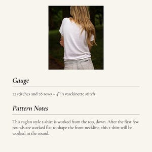 May include: A white knit t-shirt with short sleeves is shown in a photograph. The text "PERFECT KNIT T-SHIRT" is at the top. The image also includes text about the gauge and pattern notes for the t-shirt, with 4 inches in stockinette stitch.