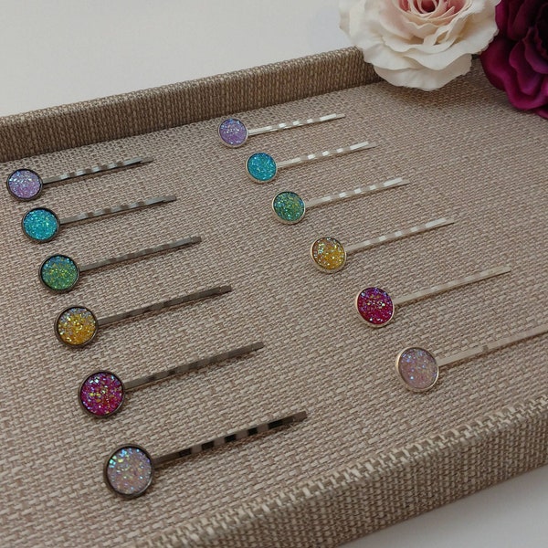 Druzy hair pins, sparkly rainbow bobby pins, Set of 6, mix and match, silver or black hair pins, Colorful bobby pins, Made to order