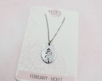 February birth flower necklace | Hand stamped necklace | minimalist necklace | non tarnish jewelry stainless steel aluminum | oval violet