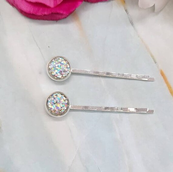 Silver Glitter Hair Pins Set of 2 Chunky Glitter Bobby Pins Etsy