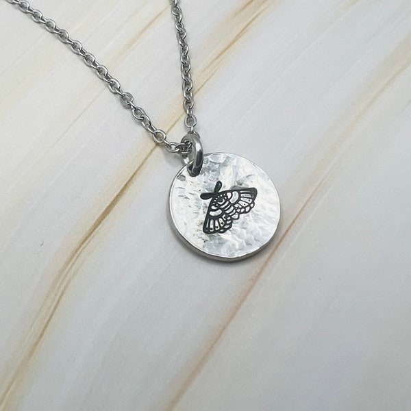 Moth necklace | new beginning | Hammered disc | reborn | minimalist jewelry | non tarnish jewelry stainless steel Alkeme