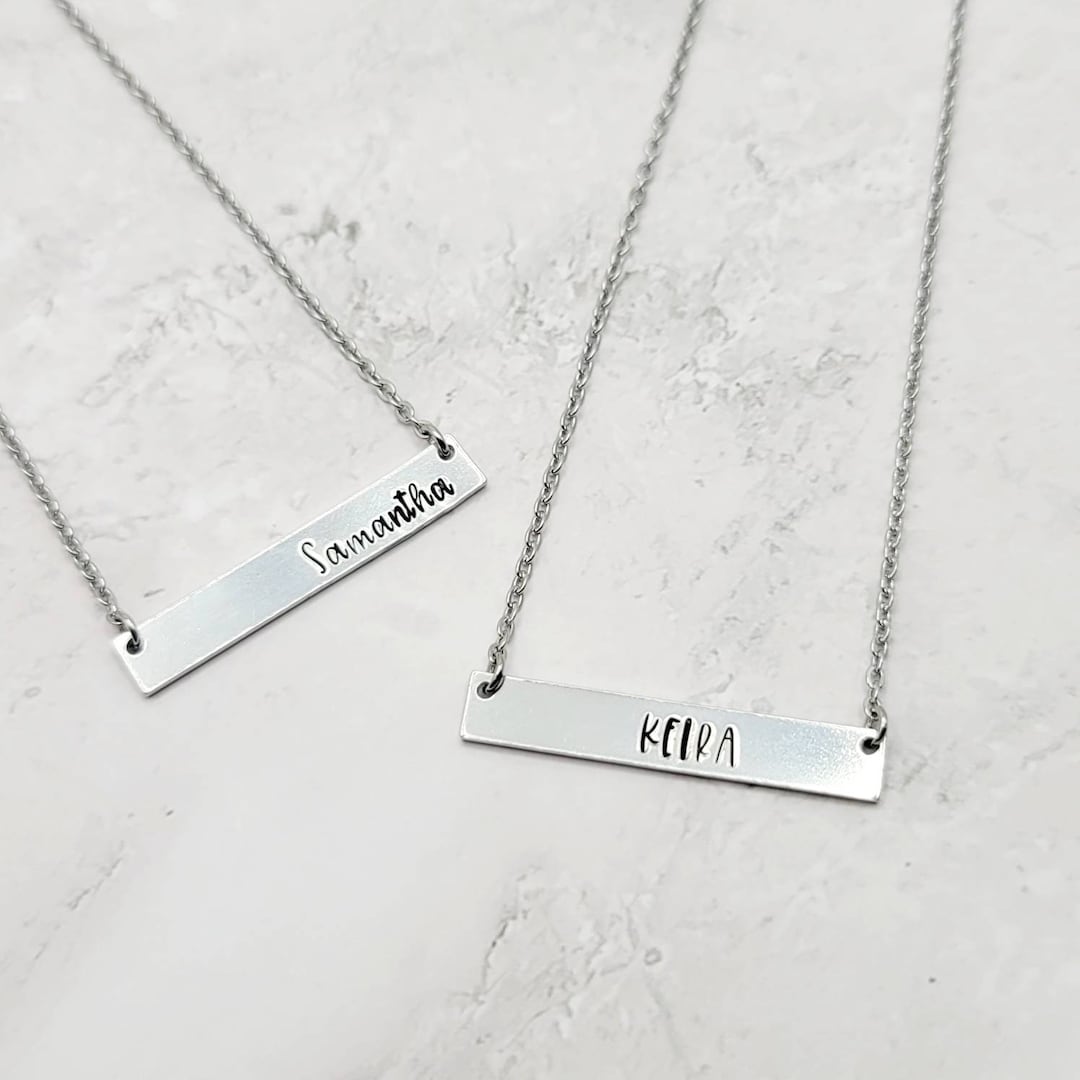Name Bar Necklace Custom Handstamped Necklace Minimalist Non Tarnish Jewelry Stainless Steel