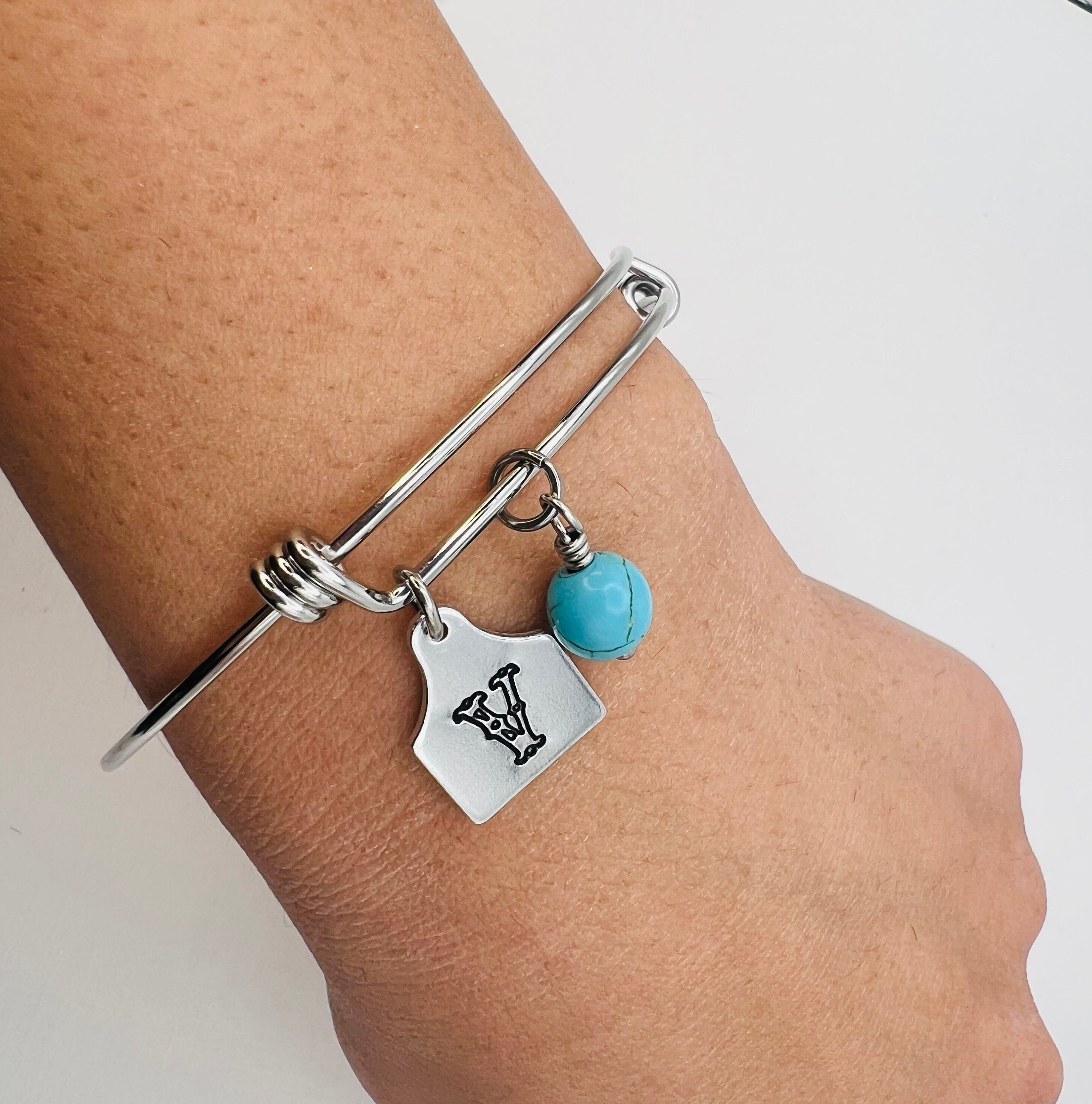 Cattle tag bracelet with turquoise stone | cowgirl initial bracelet | stainless steel bangle | western charm bracelet | cow tag bracelet |