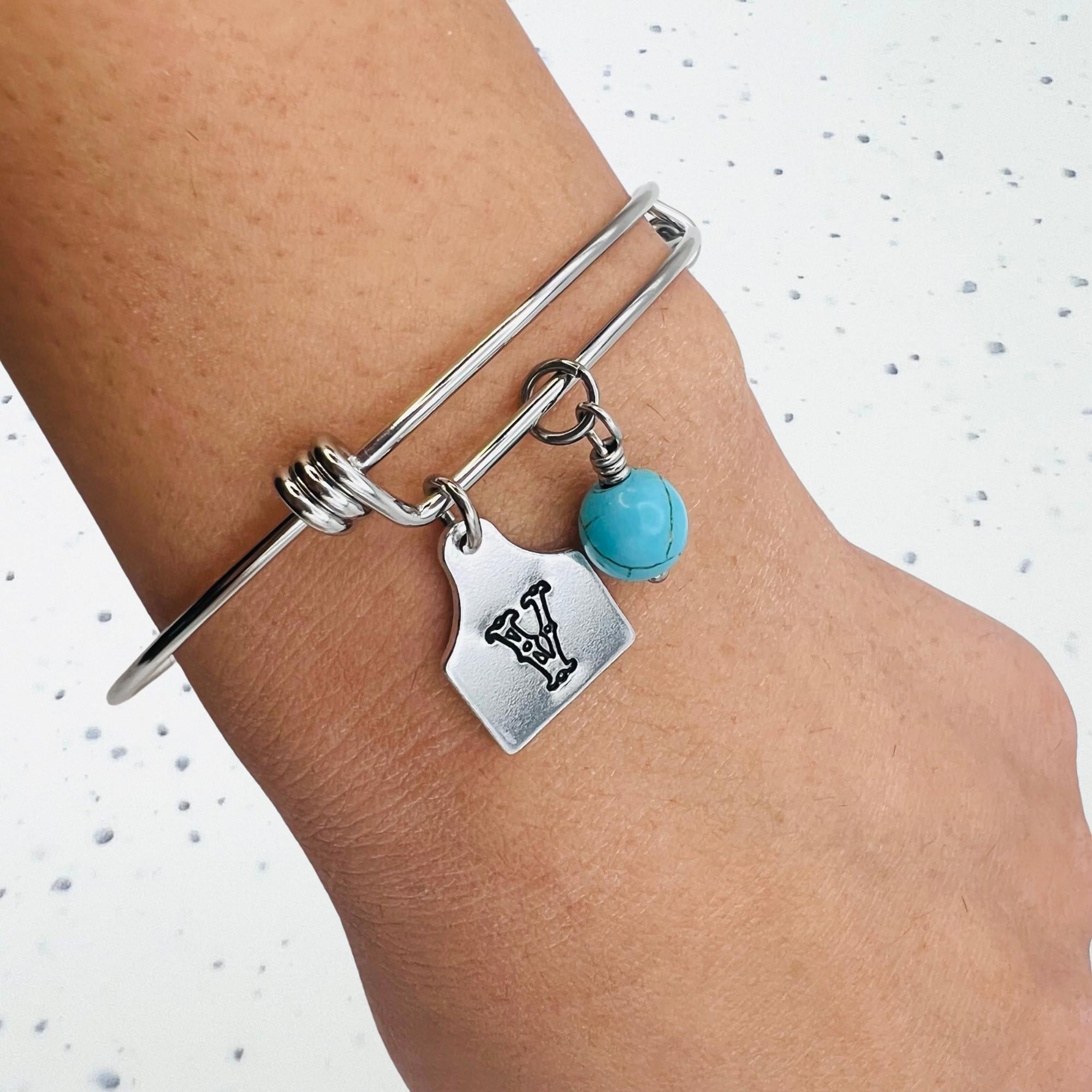 Cattle tag bracelet with turquoise stone | cowgirl initial bracelet | stainless steel bangle | western charm bracelet | cow tag bracelet |