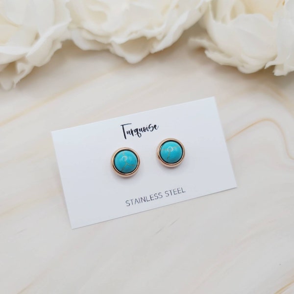 8mm Turquoise stud earrings, stainless steel earrings, silver gold rose gold natural gemstone earrings, hypoallergenic, minimalist earrings