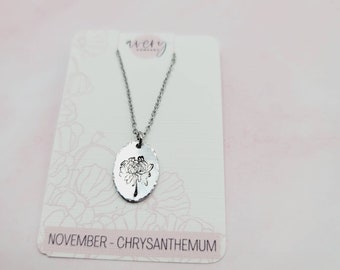 November birth flower necklace | Hand stamped necklace | minimalist necklace | non tarnish jewelry stainless steel aluminum | chrysanthemum