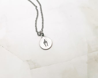 Tiny middle finger necklace | Hand stamped mini charm necklace | tiny charm necklace | non tarnish jewelry | stainless steel Alkeme pewter