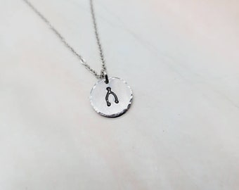 Wishbone necklace | Hand stamped disc necklace | minimalist necklace | non tarnish jewelry stainless steel aluminum wish necklace good luck