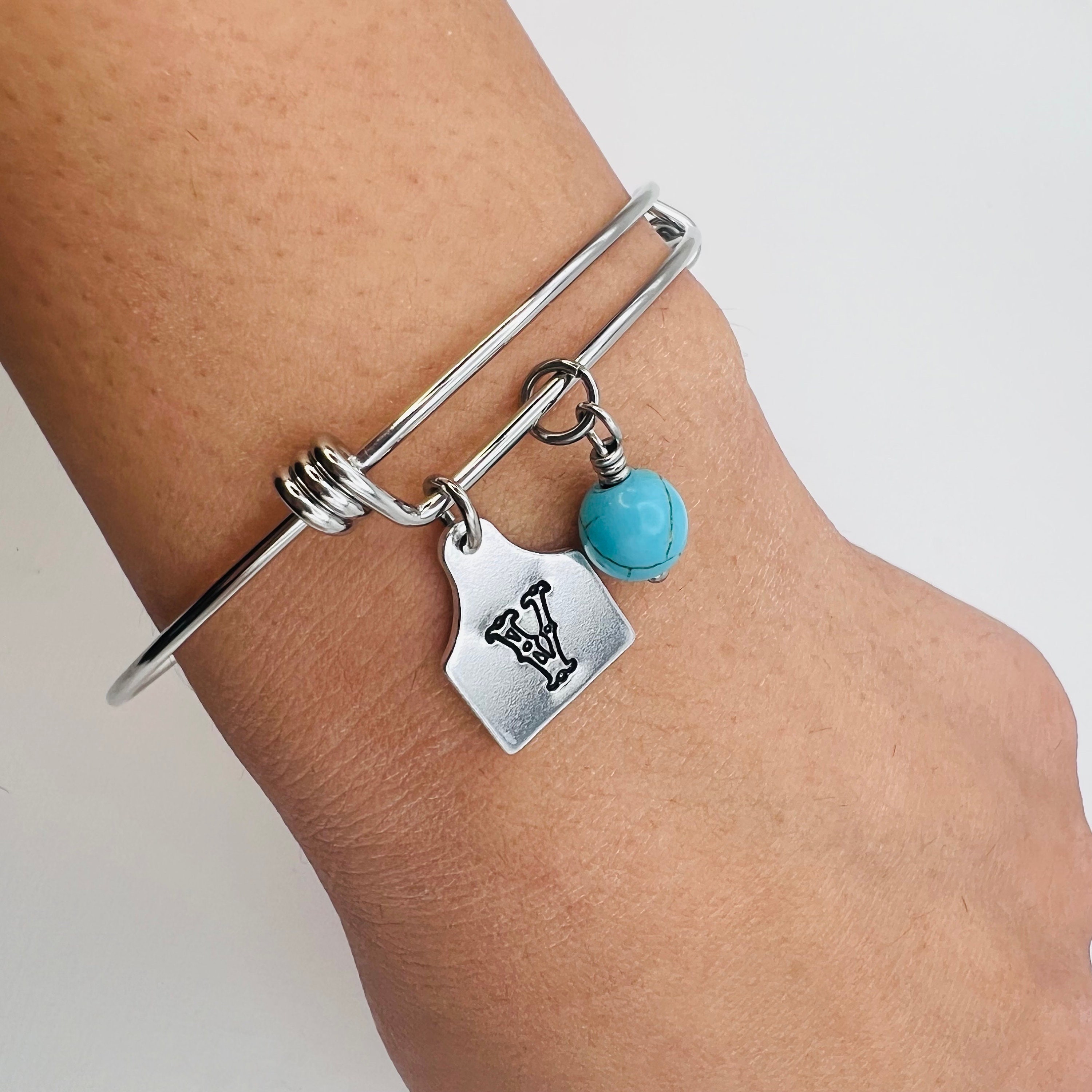 Cattle tag bracelet with turquoise stone | cowgirl initial bracelet | stainless steel bangle | western charm bracelet | cow tag bracelet |
