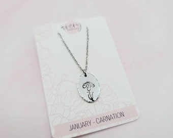 January birth flower necklace | Hand stamped necklace | minimalist necklace | non tarnish jewelry stainless steel aluminum | oval carnation