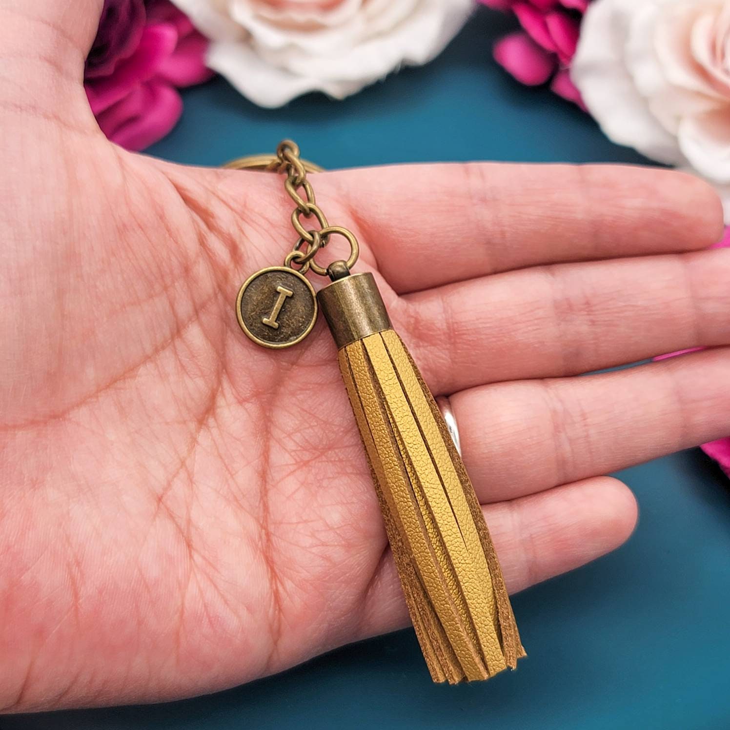 Initial keychain with leather tassel leather tassel keychain Etsy