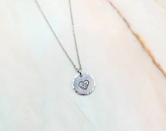 Friendship necklace | Hand stamped disc necklace | minimalist necklace | non tarnish jewelry stainless steel aluminum | holding hands heart