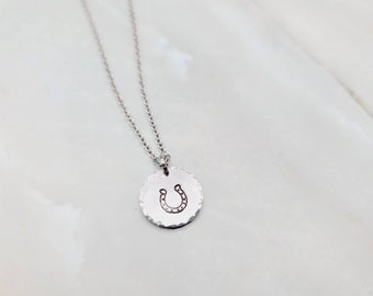 Horseshoe necklace | Hand stamped disc necklace | minimalist necklace | non tarnish jewelry stainless steel aluminum | good luck cowgirl