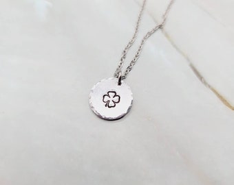 Clover necklace | Hand stamped disc necklace | minimalist necklace | non tarnish jewelry stainless steel aluminum good luck shamrock 4 leaf
