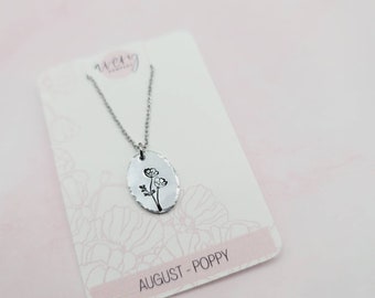 August birth flower necklace | Hand stamped necklace | minimalist necklace | non tarnish jewelry stainless steel aluminum | oval poppy