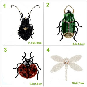 May include: Four beaded insect patches, including a black beetle, a green beetle, a red ladybug, and a white dragonfly. The patches are approximately 5.8 x 4.5 cm to 11.5 x 5.0 cm in size.