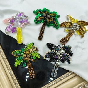 Crystal Beaded Green Palm tree Appliques Coconut trees cloth patch DIY garment accessories decorative Sequin cloth Supply