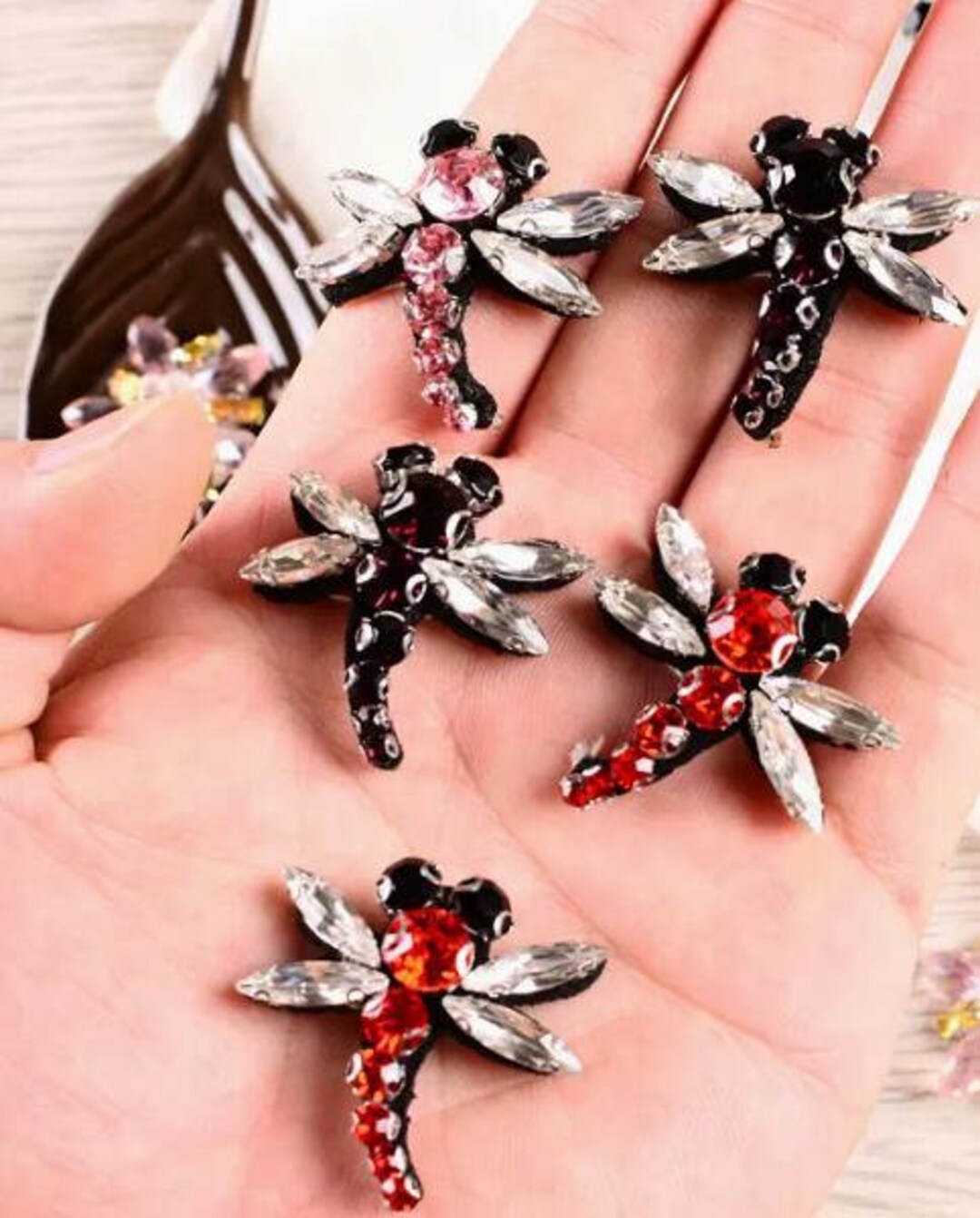 3.0cm Crystal Beaded Pink Red Purple Dragonfly Applique Cloth Patch DIY ...