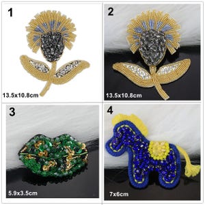 May include: A collection of four beaded patches: two identical flower designs with gold, blue, and dark grey beads measuring 13.5x10.8cm, one green lip-shaped patch measuring 5.9x3.5cm, and one blue and yellow horse-shaped patch measuring 7x6cm.
